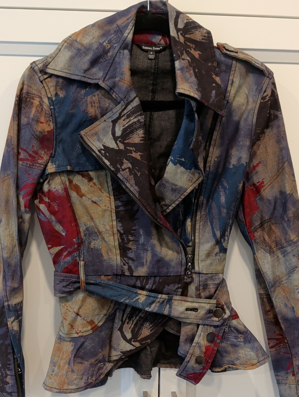 Samuel Dong Multicolor Abstract Print Leather Moto Jacket with Belt